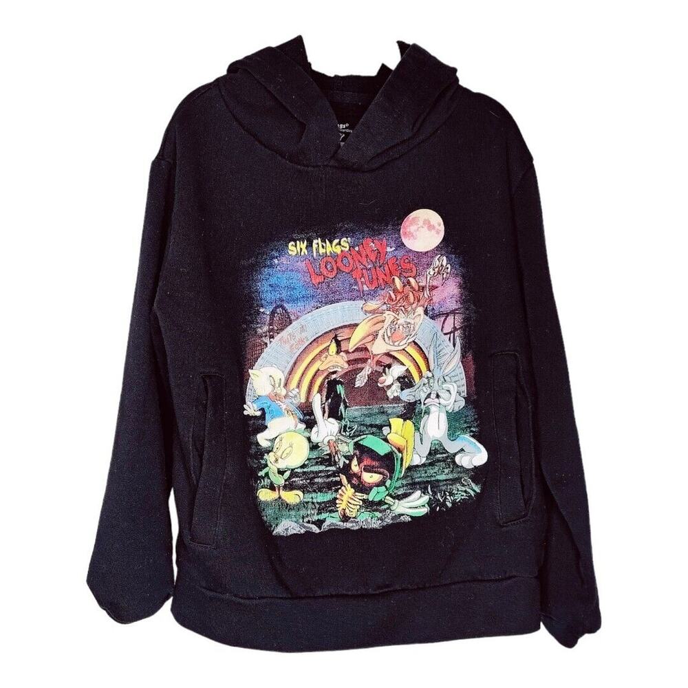 Six Flags Kids Size Small‎ Looney Tunes Cartoon Black Hoodie Halloween Scary